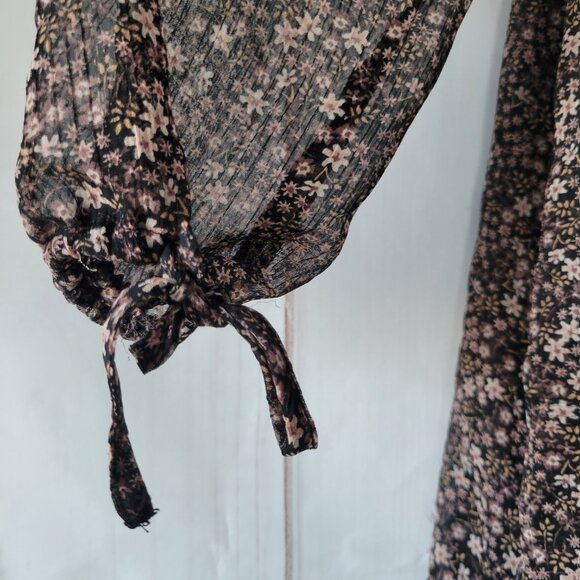 Maurices Floral Midi Dress, Sheer Long Sleeve, Black/Pale Pink Flowers, Boho - Picture 2 of 12